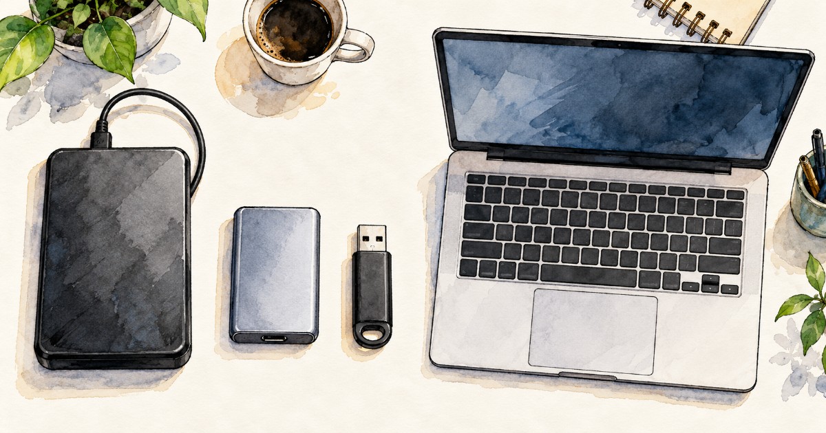 Externí disk, SSD, USB flash disk a notebook vedle sebe na stole shora