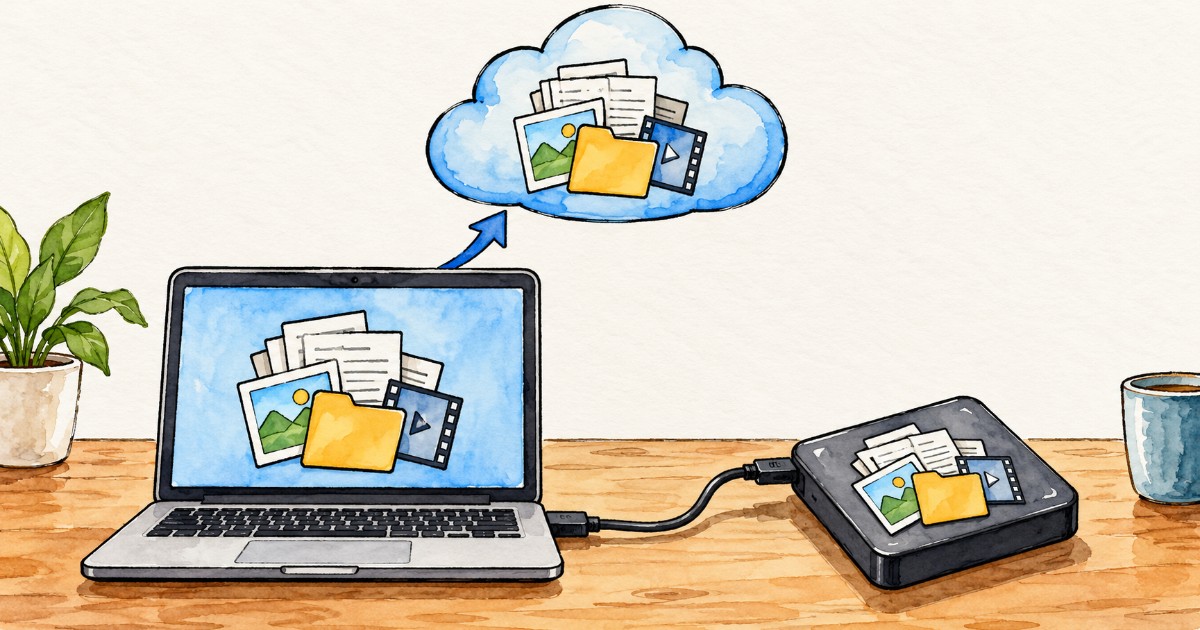 Notebook propojený kabelem s externím diskem a šipka k datům v cloudu